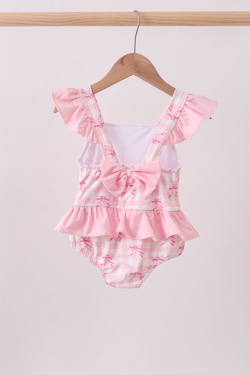 Pink bow print ruffle one-piece swimsuit