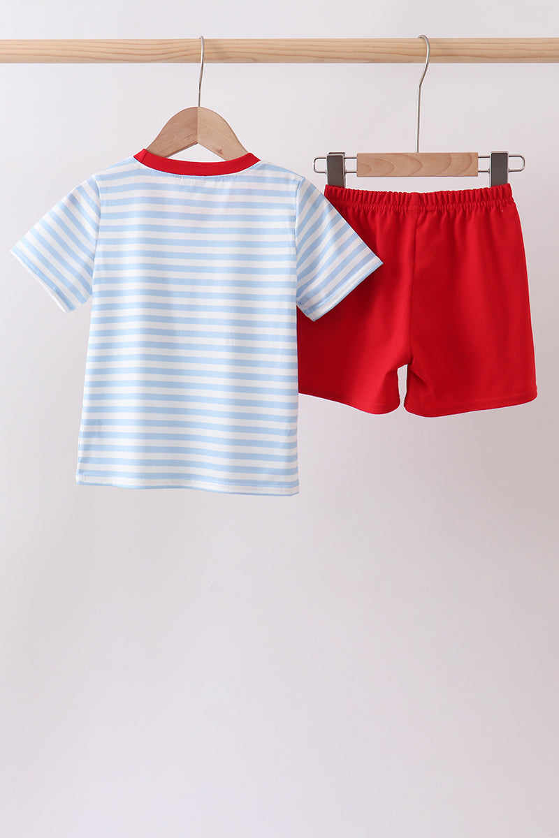 Blue Fire Engine Stripe Embroidered Set
