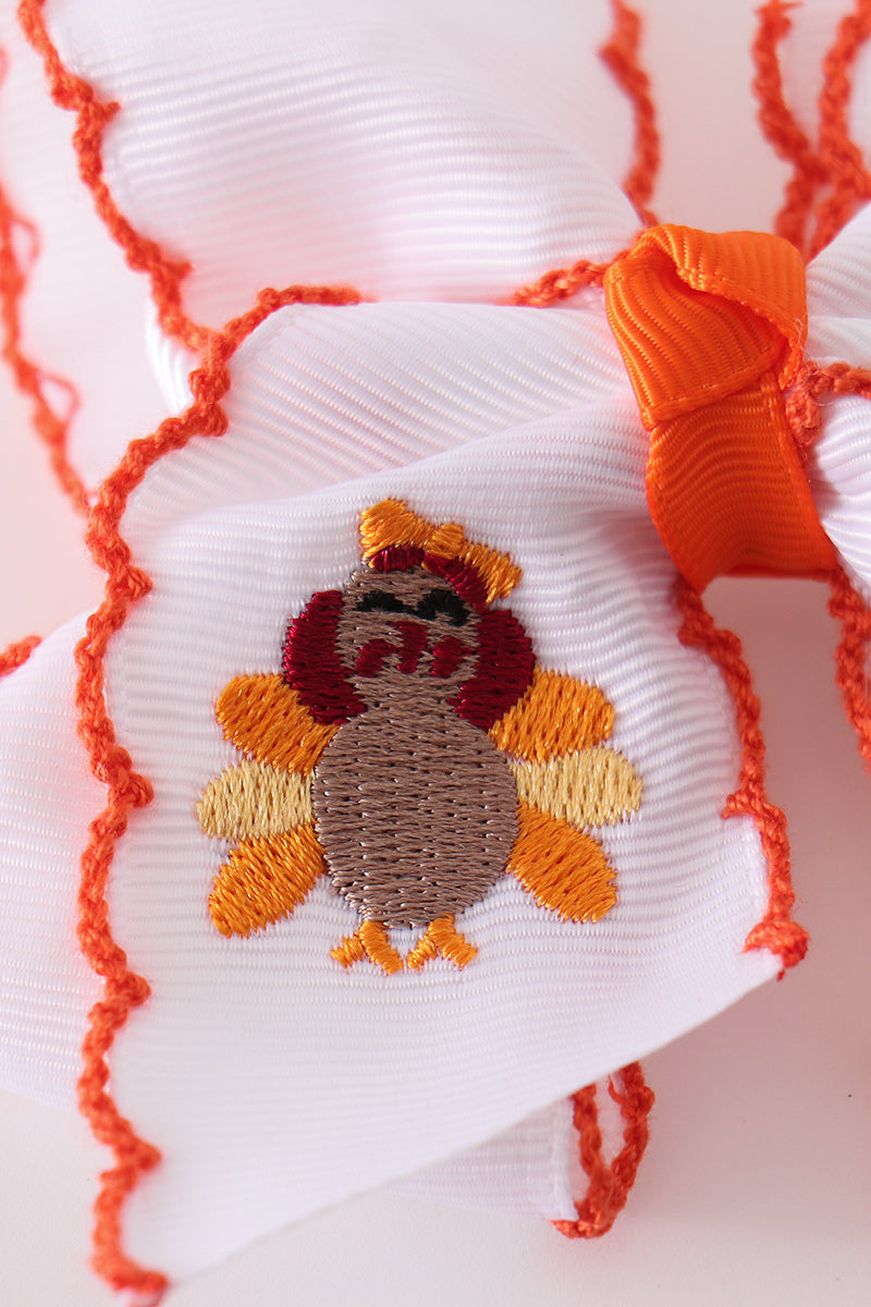Rust turkey embroidery crochet edge hair bow