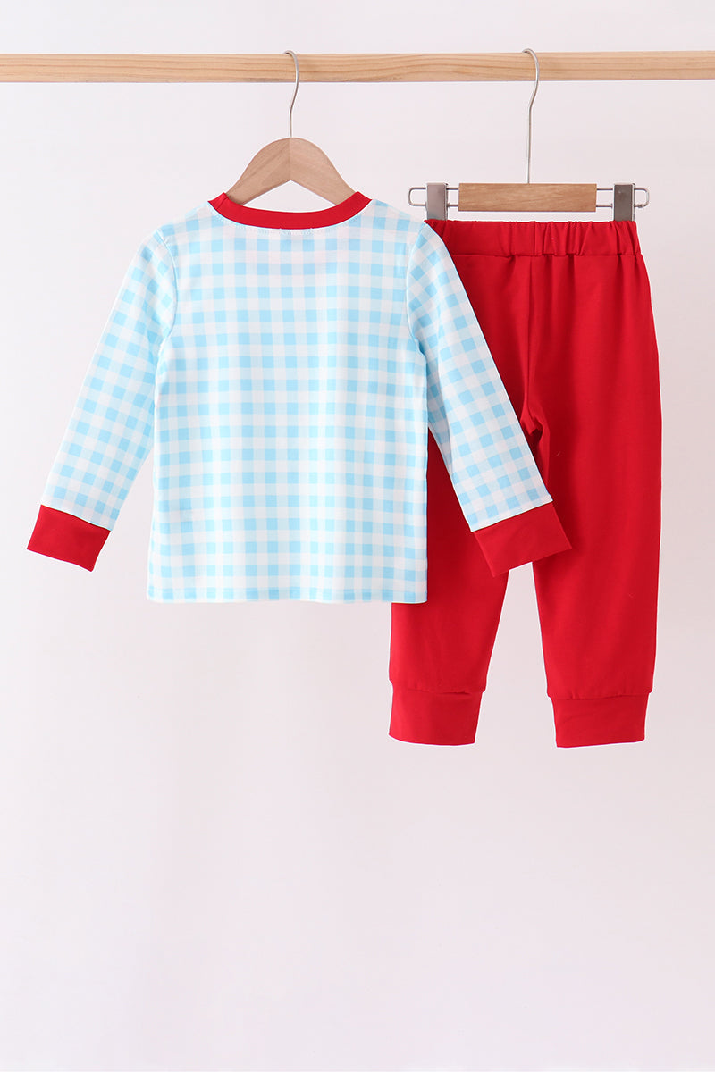 Blue puppy embroidery gingham jogger set