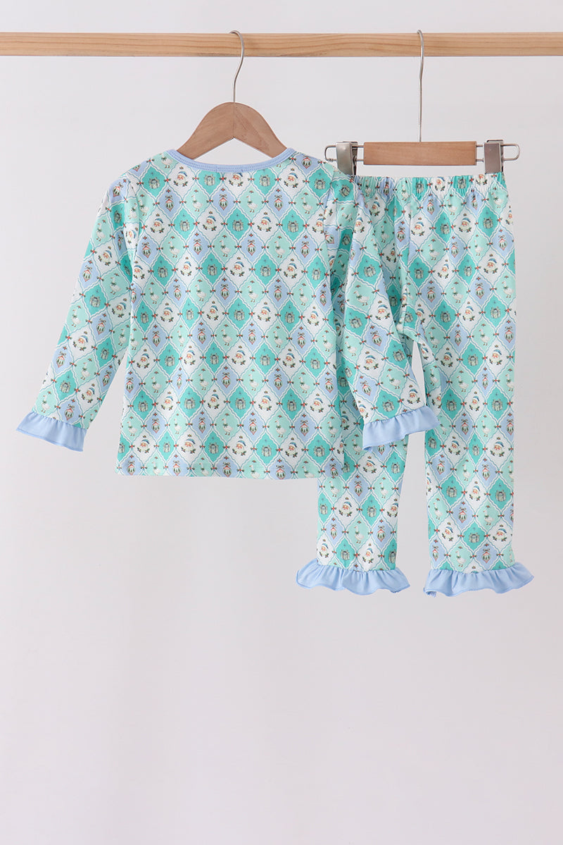 Green santa print ruffle pajama set