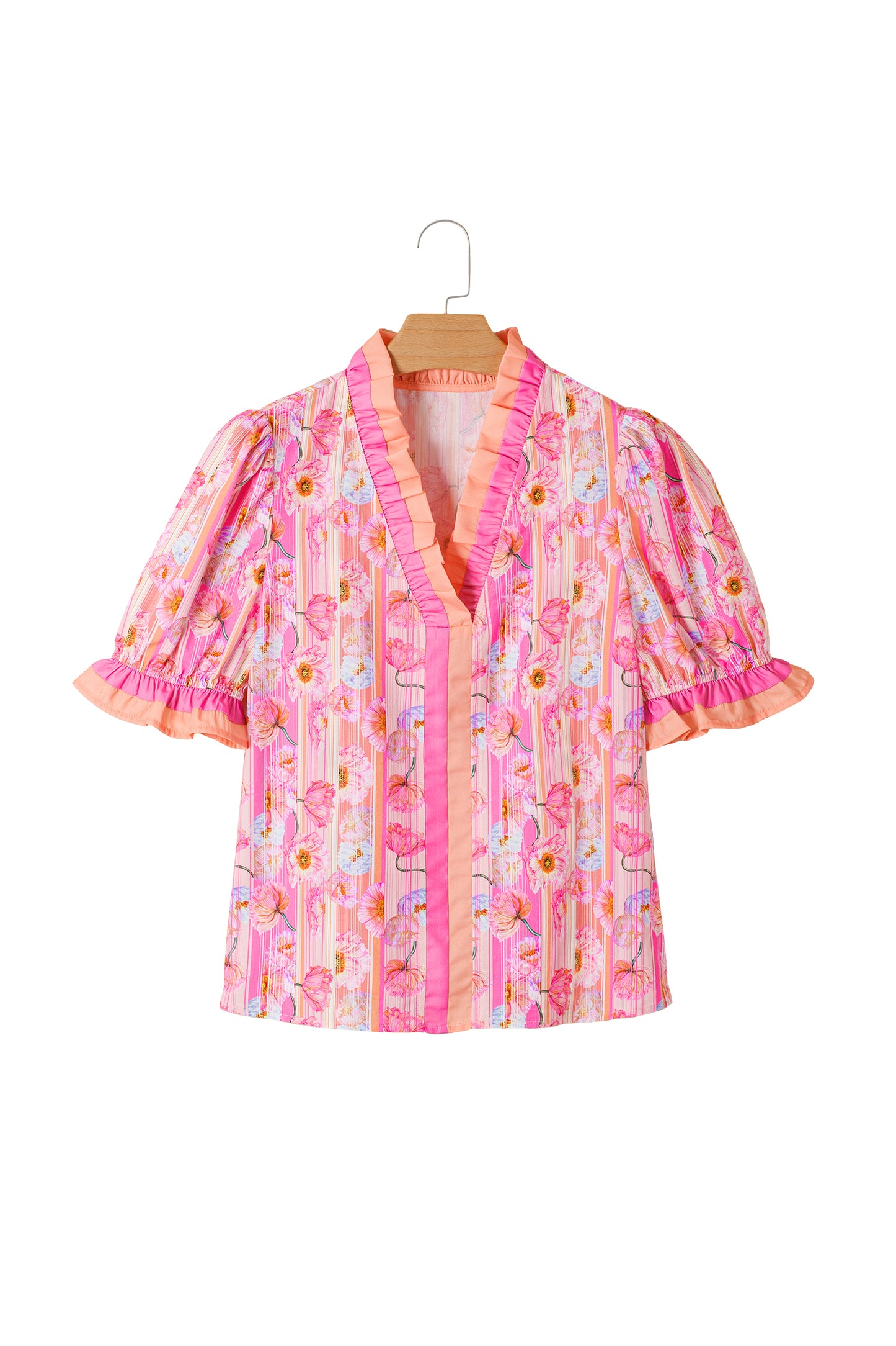 Pink Poppy Flower Striped Print Color Block Trim V Neck Short Sleeve Blouse