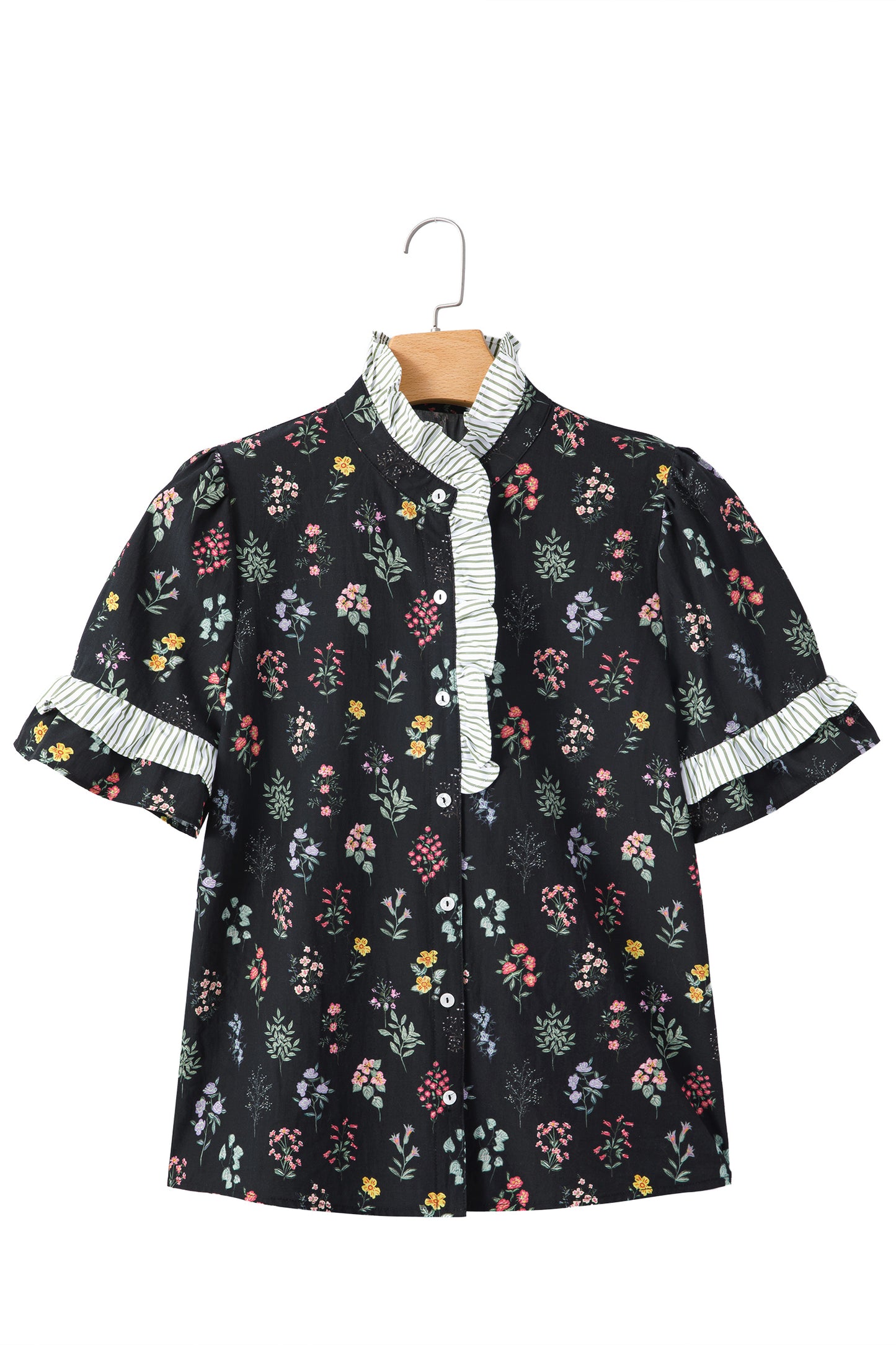 Black Contrast Frilled Trim Short Sleeve Floral Shirt