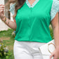 Dark Green Plus Size Button Front Ruffled Stripe Trim V Neck Flutter Sleeve Blouse