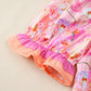 Pink Poppy Flower Striped Print Color Block Trim V Neck Short Sleeve Blouse