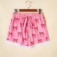 Pink Bow Print Striped Patchwork Elastic Waist Lace Trim Loose Shorts