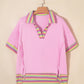 Pink Rainbow Stripe Ribbed Patchwork Raw Seam Oversize Polo Tee