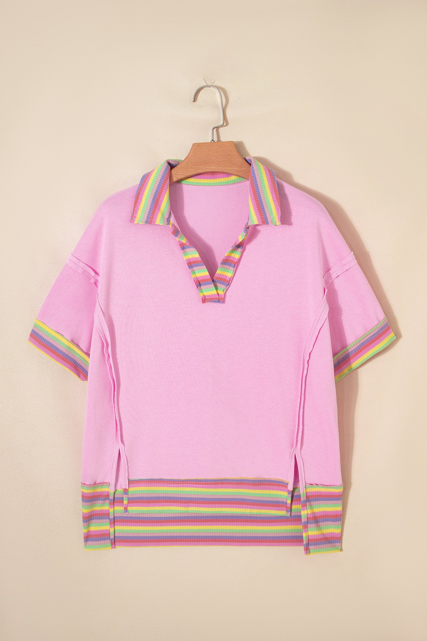 Pink Rainbow Stripe Ribbed Patchwork Raw Seam Oversize Polo Tee