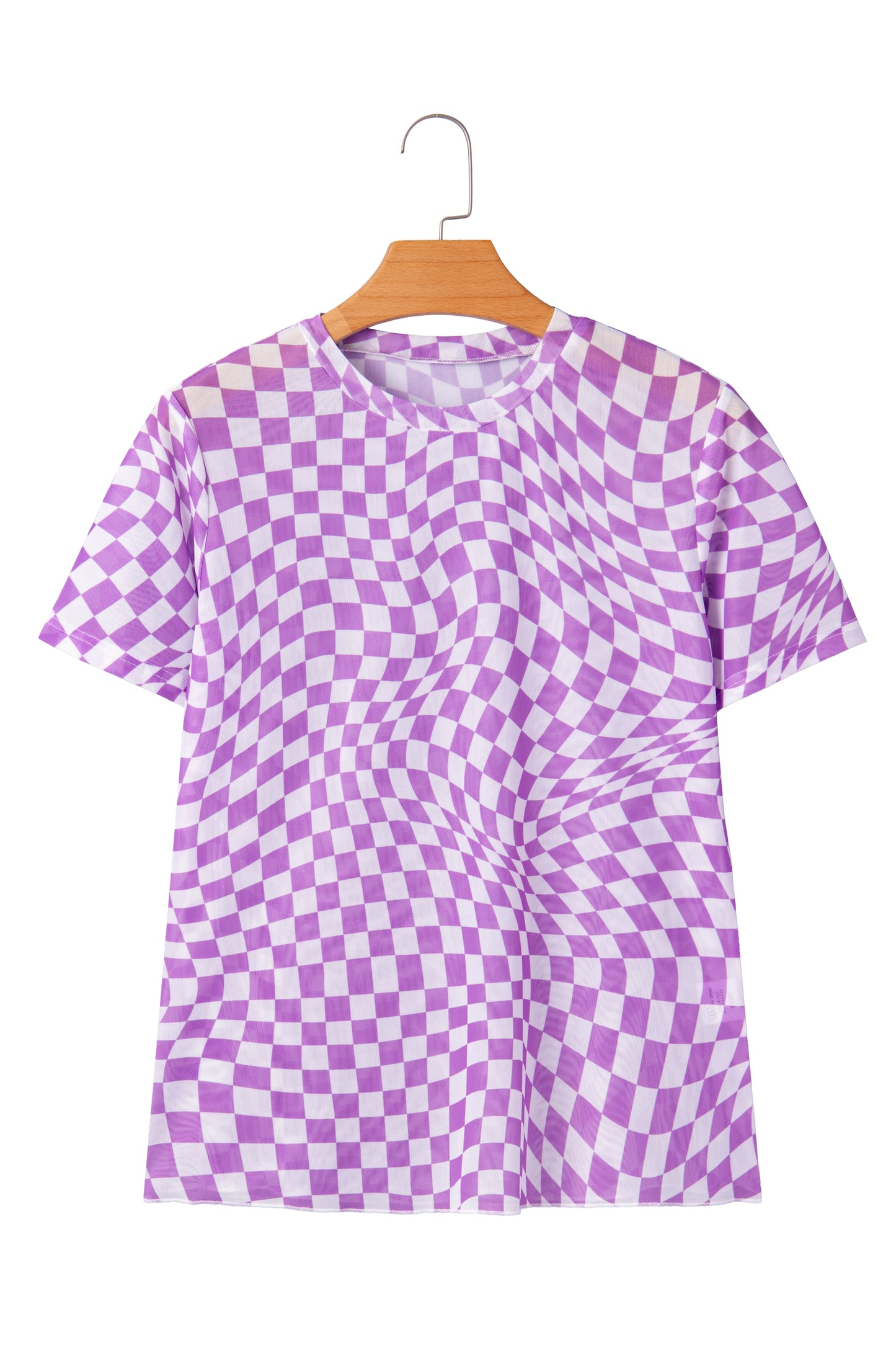 Purple Checkered Print Mock Neck Mesh T Shirt