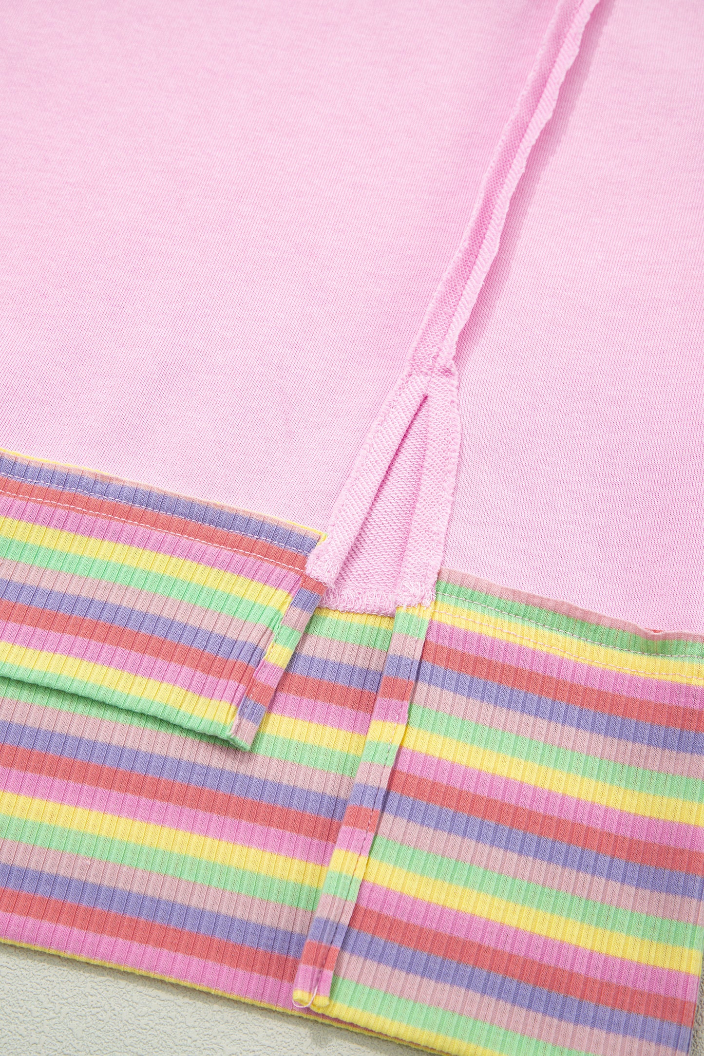 Pink Rainbow Stripe Ribbed Patchwork Raw Seam Oversize Polo Tee