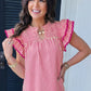 Rose Stripe Shirred Yoke Ruffled Short Sleeve Blouse