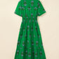 Green Floral Print Split Neck Shirred High Waist Ruffle Hem Maxi Dress