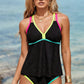 Black Floral Textured Neon Trim V Neck Crisscross Backless Tankini Set