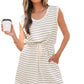 Beige Stripe Drawstring Tunic Tank Mini Dress with Pockets