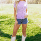 Purple Checkered Print Mock Neck Mesh T Shirt
