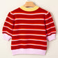 Red Stripe Colorblock Trim Half Sleeve Sweater Top