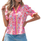 Pink Poppy Flower Striped Print Color Block Trim V Neck Short Sleeve Blouse
