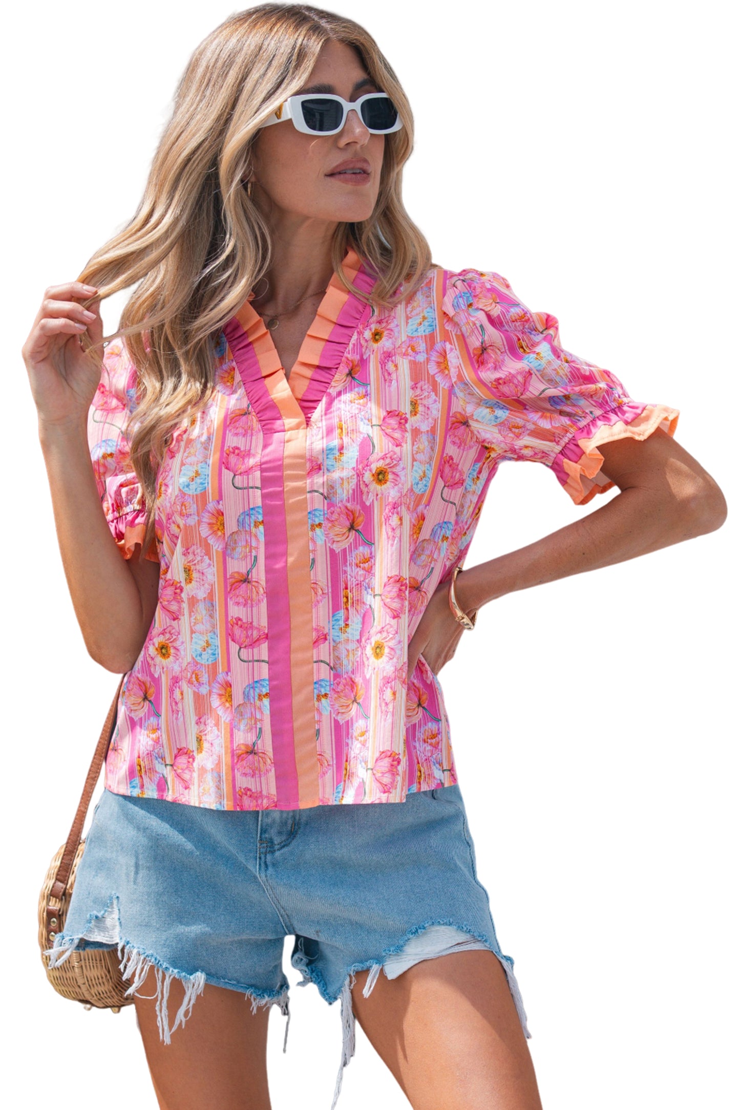 Pink Poppy Flower Striped Print Color Block Trim V Neck Short Sleeve Blouse