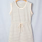 Beige Stripe Drawstring Tunic Tank Mini Dress with Pockets