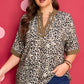 Brown Plus Size Leopard Print Crinkled Colorblock Patchwork V Neck Blouse