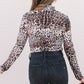 Brown Leopard Smocked Neck Mesh Long Sleeve Bodysuit