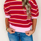 Red Stripe Colorblock Trim Half Sleeve Sweater Top