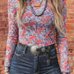 Blue Slim Fit Floral Mesh Long Sleeve Mock Neck Top