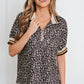Khaki Leopard Print Half Zip Striped Trim Patchwork Short Sleeve Top