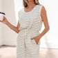 Beige Stripe Drawstring Tunic Tank Mini Dress with Pockets