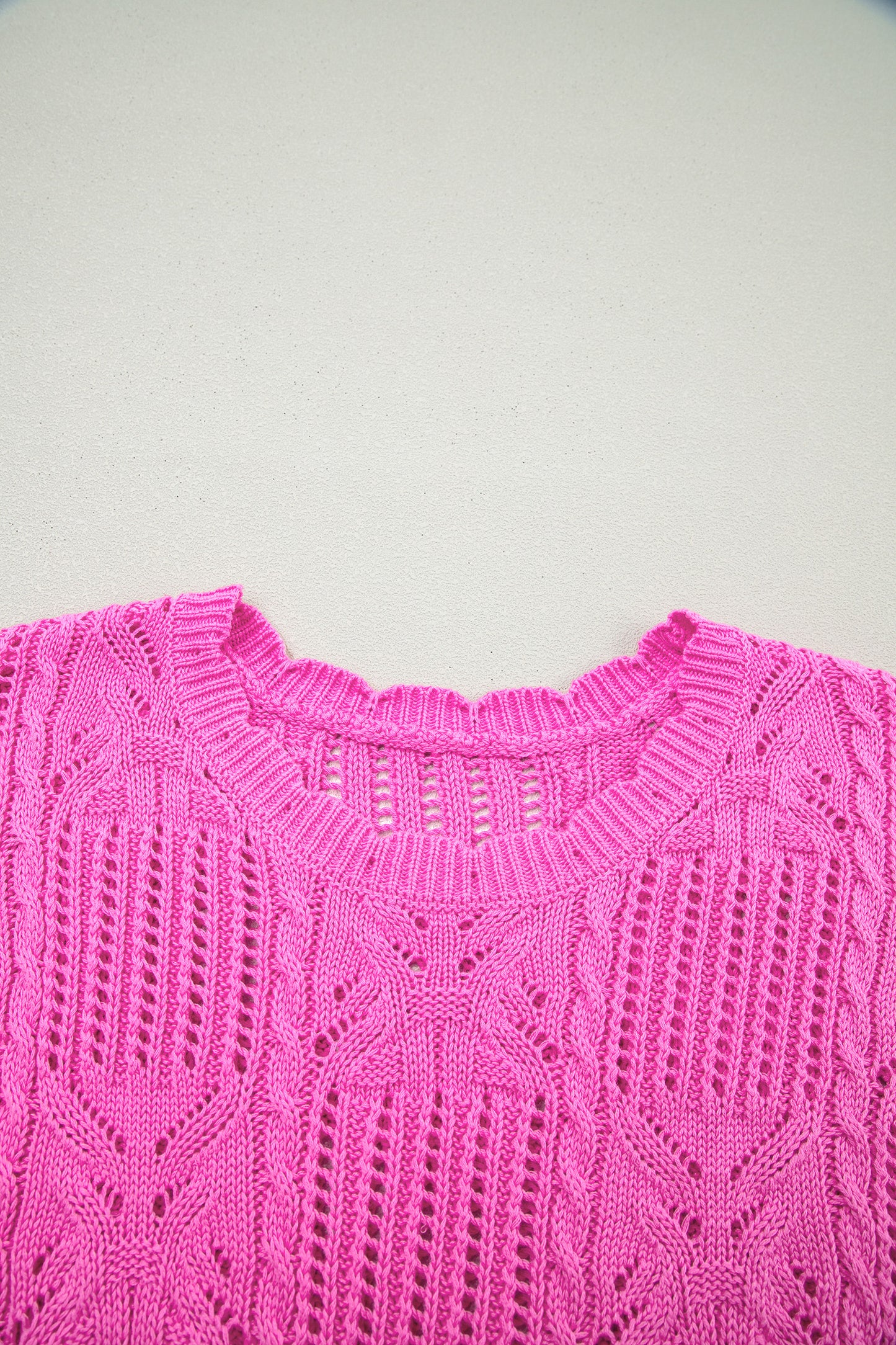 Bonbon Pointelle Knit Patterned Scalloped Trim Short Sleeve Sweater