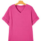 Strawberry Pink Waffle V Neck Short Sleeve Knit Top