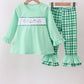 Green parade embroidery ruffle gingham pants set