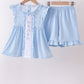 Blue cross bow embroidery ruffle gingham shorts set