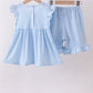 Blue cross bow embroidery ruffle gingham shorts set