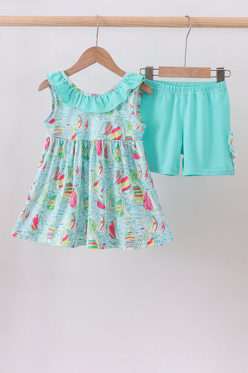 Blue sailboat print ruffle shorts set