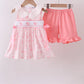Pink bunny smocked lace collar shorts set