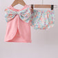 Pink floral cross embroidery ruffle bloomer set