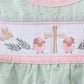 Green swiss dot cross sheep ruffle bubble