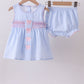 Blue seersucker bow smocked bloomer set