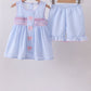Blue seersucker bow smocked ruffle shorts set