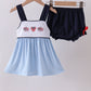 Blue character embroidery gingham bloomer set