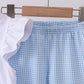 Blue character fireworks embroidery gingham ruffle shorts set