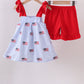 Blue flag embroidery seersucker ruffle shorts set
