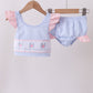 Blue stripe seersucker crab embroidery 2pc ruffle swimsuit