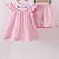 Pink fireworks flag smocked jacquard scalloped ruffle shorts set