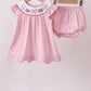 Pink fireworks flag smocked jacquard scalloped ruffle bloomer set