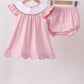 Pink fireworks flag smocked jacquard scalloped ruffle bloomer set