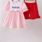 Pink flag embroidery gingham ruffle shorts set
