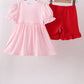 Pink flag embroidery gingham ruffle shorts set