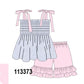 Blue Stripe Bow Smocked Ruffle Shorts Set